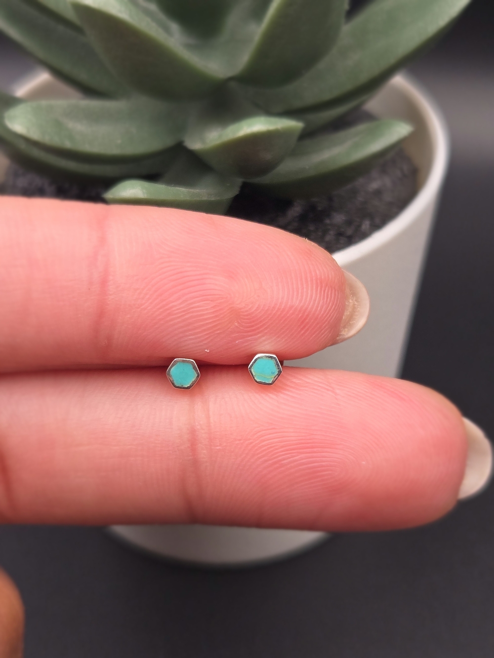 .925 Sterling Silver Tiny Turquoise Hexagon Stud Earrings - 3mm